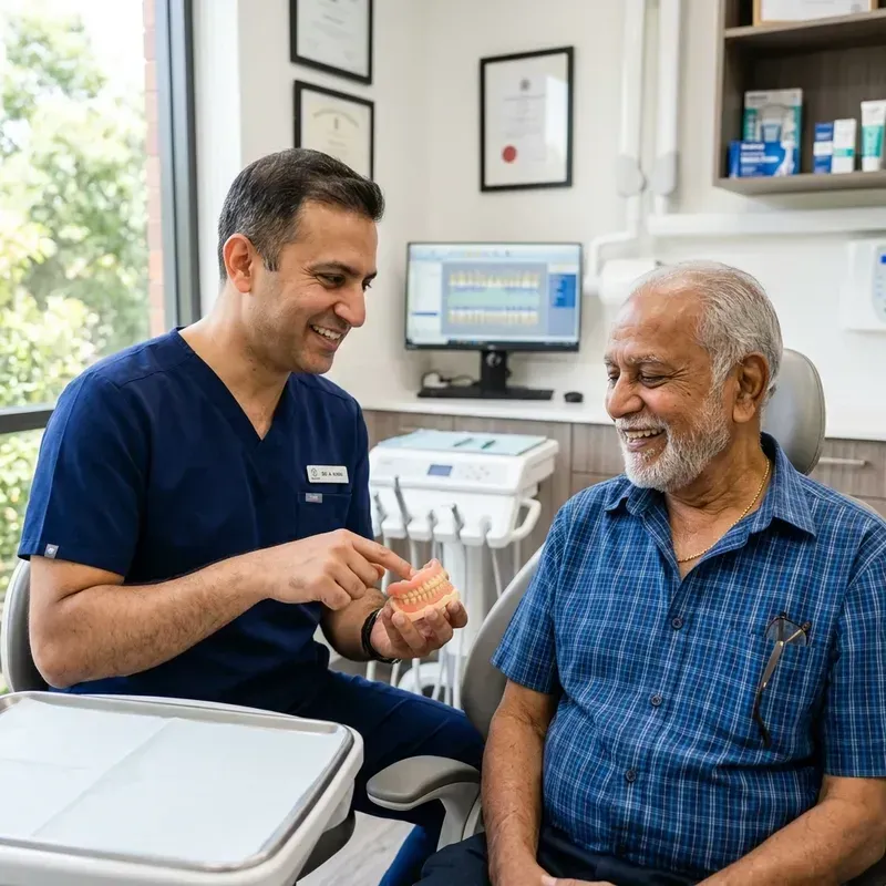 Dentist explaining denture model to patient in Viman Nagar