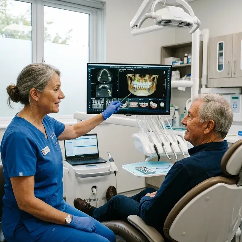 Dentist explaining full mouth rehabilitation plan using digital dental scan to patient in Viman Nagar