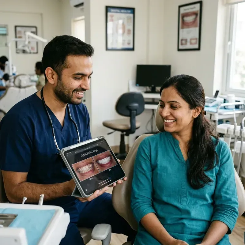 Dentist showing smile designing mockup results on tablet to patient in Viman Nagar